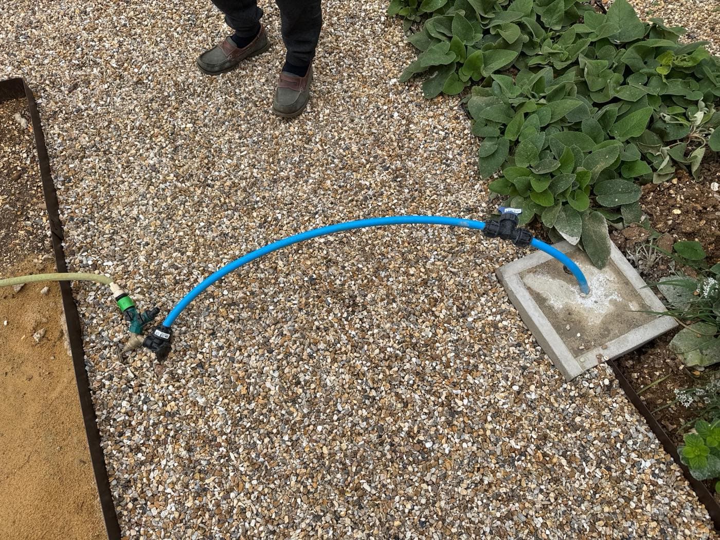 Blue MDPE water pipe run across a gravel drive to feed a garden tap