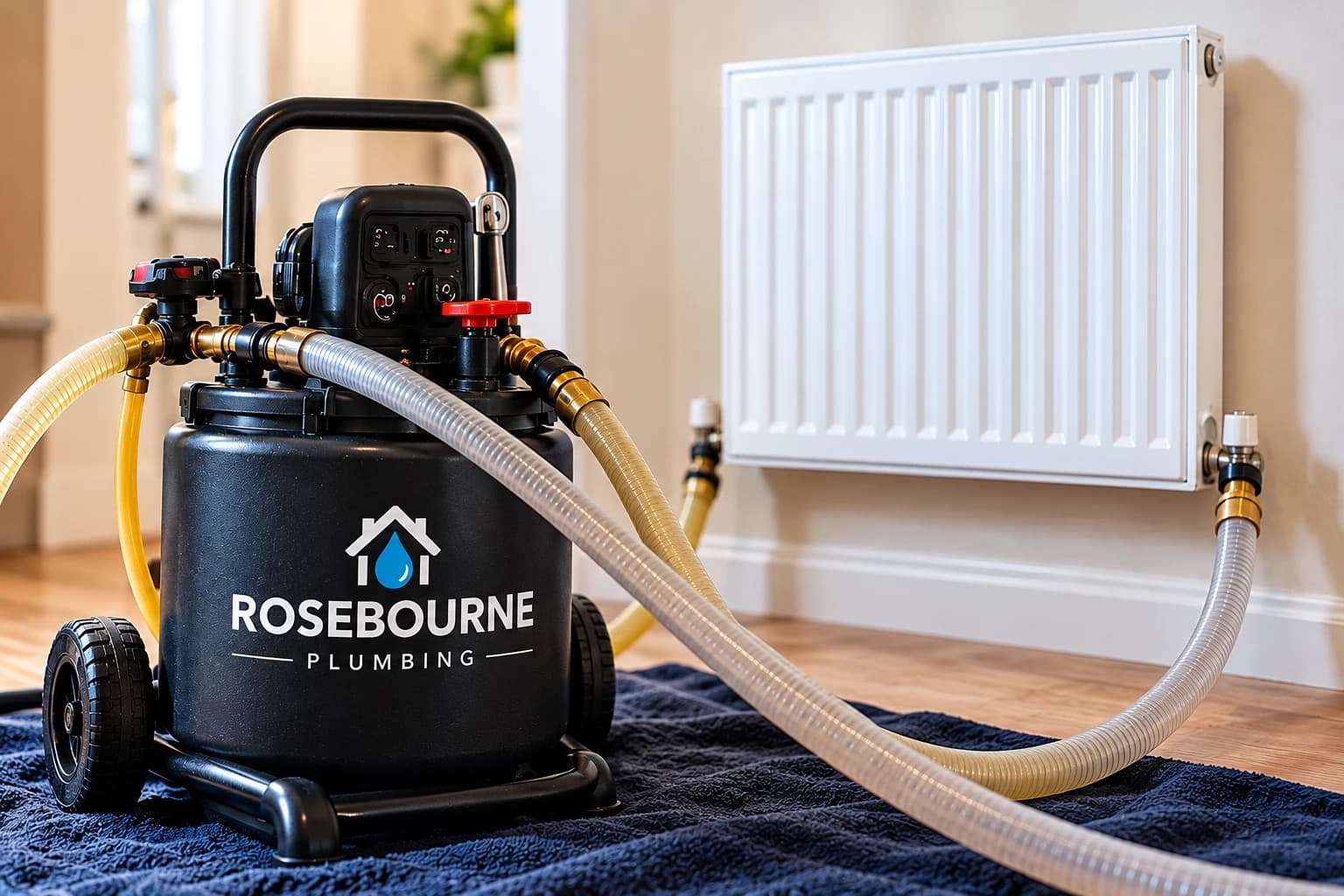 Power flushing machine standing on a protective mat, hoses connected to a radiator