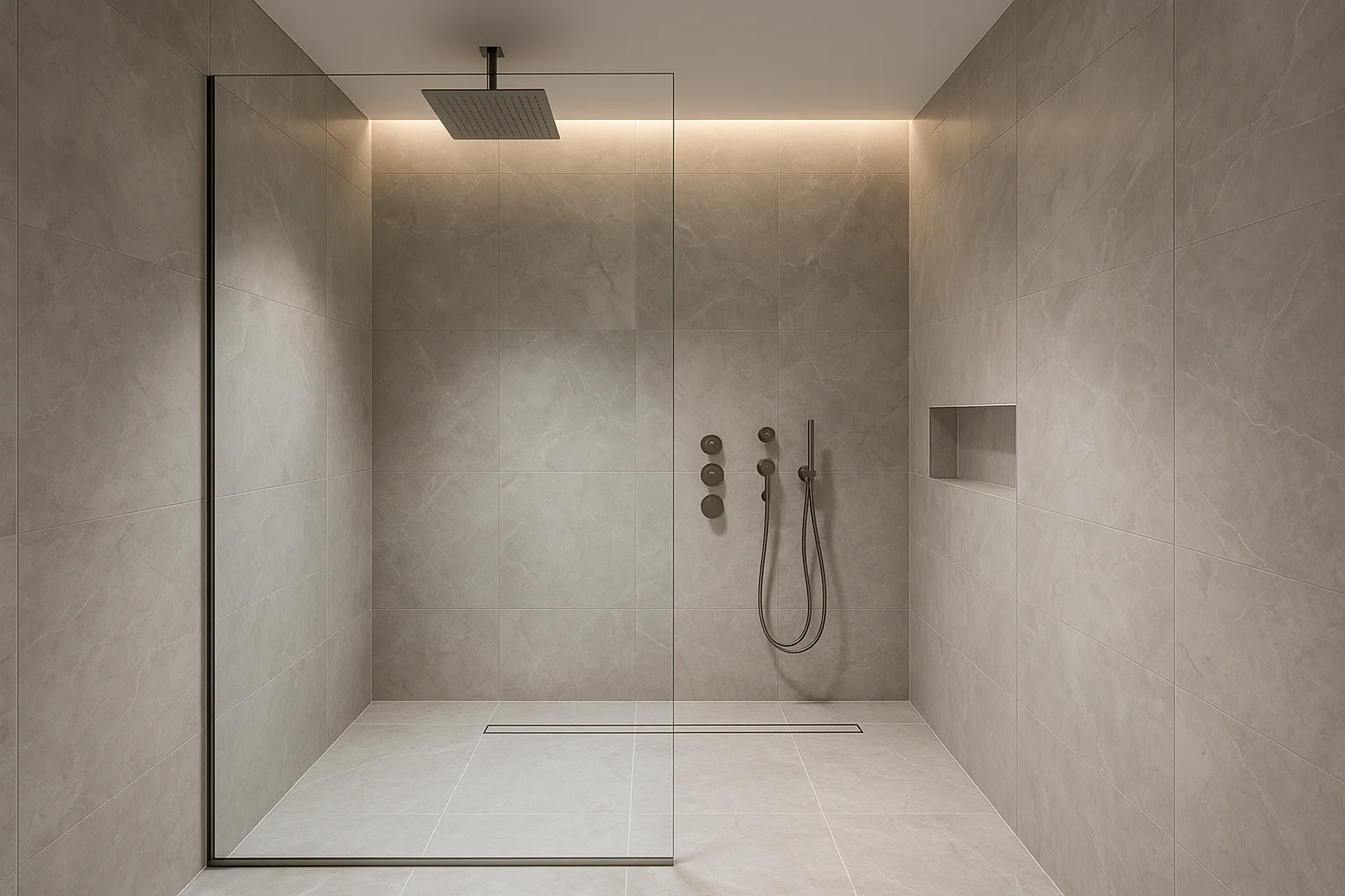 A walk-in shower with soft, low lighting — the setting for a dark shower before bed