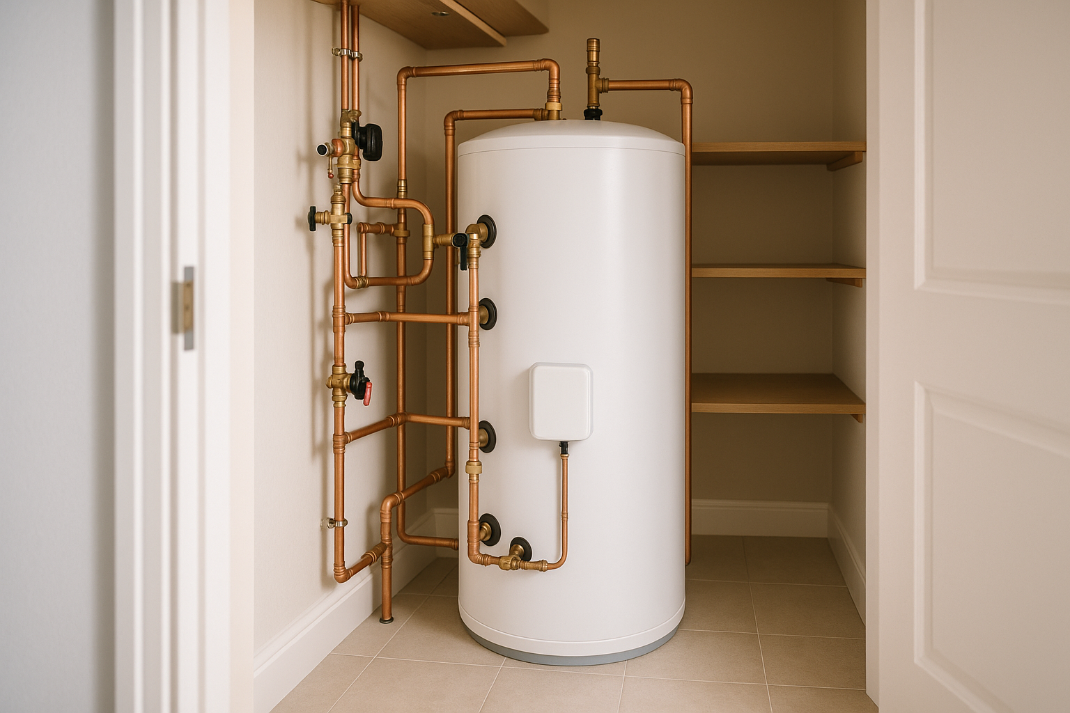 Professional hot water cylinder installation showing copper pipework by Will Gaze - certified plumber Hampshire