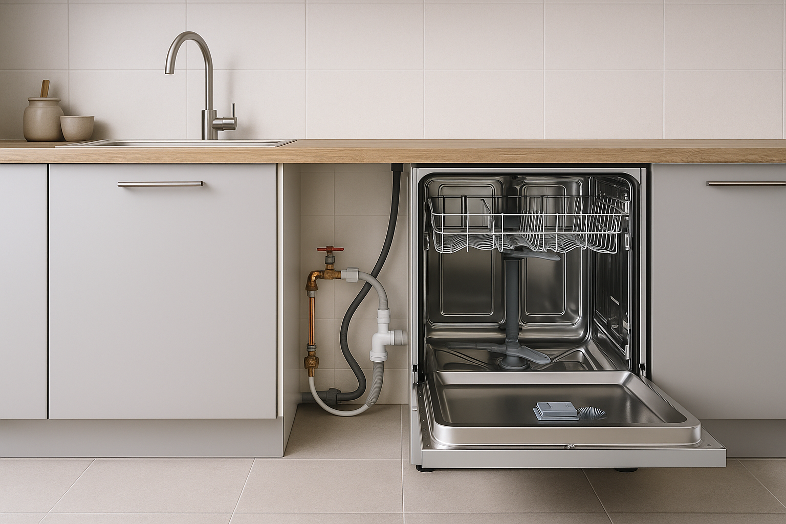 Professional dishwasher installation and plumbing connections in Hampshire kitchen