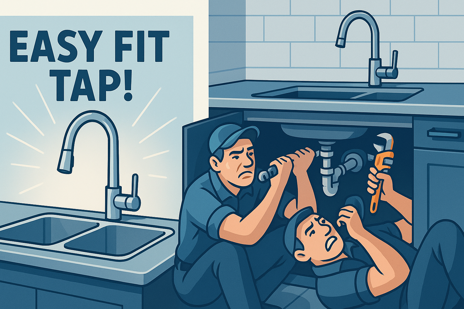 Plumbers struggling to remove a stuck kitchen tap installation