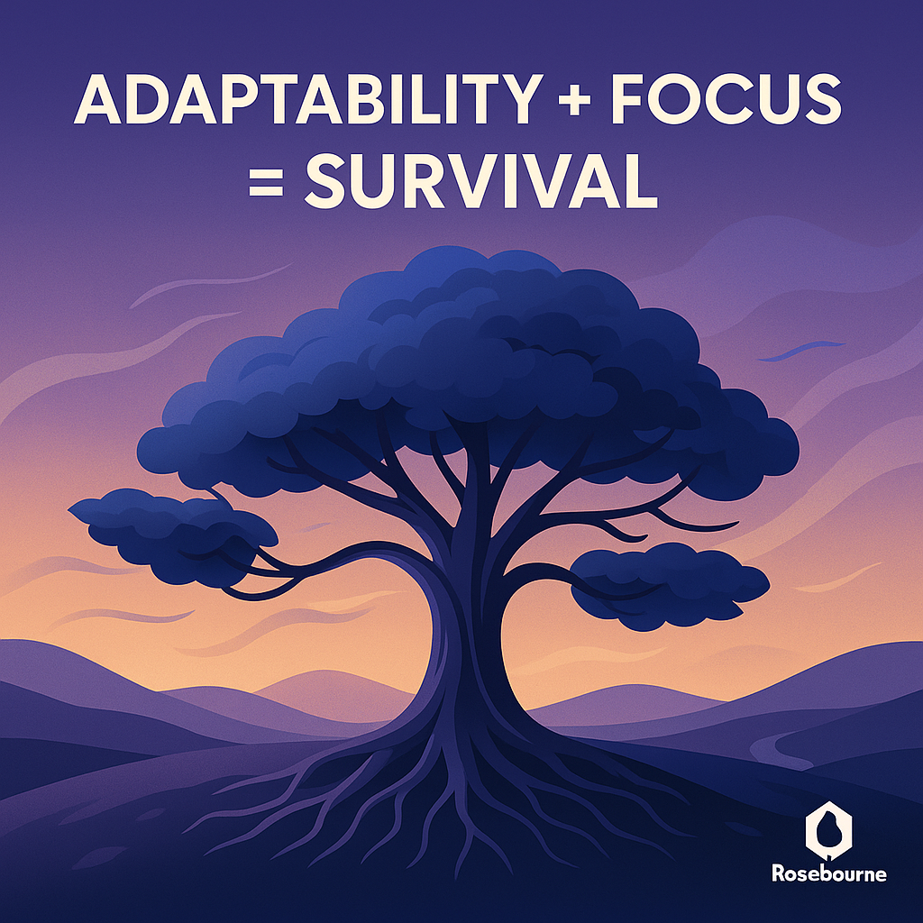 Tree with strong roots and flexible branches representing adaptability and focus balance