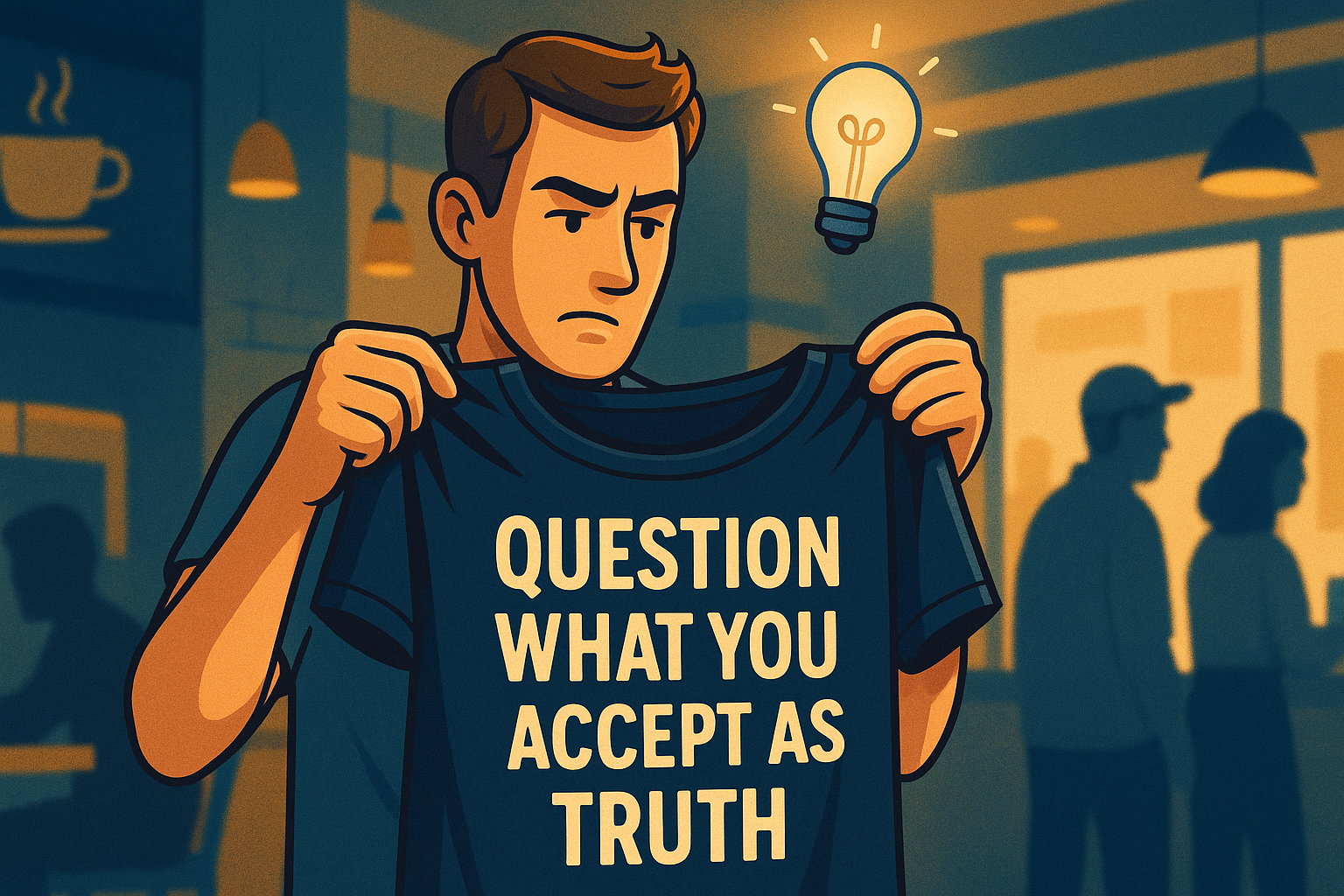 Person examining a T-shirt with skeptical questioning mindset