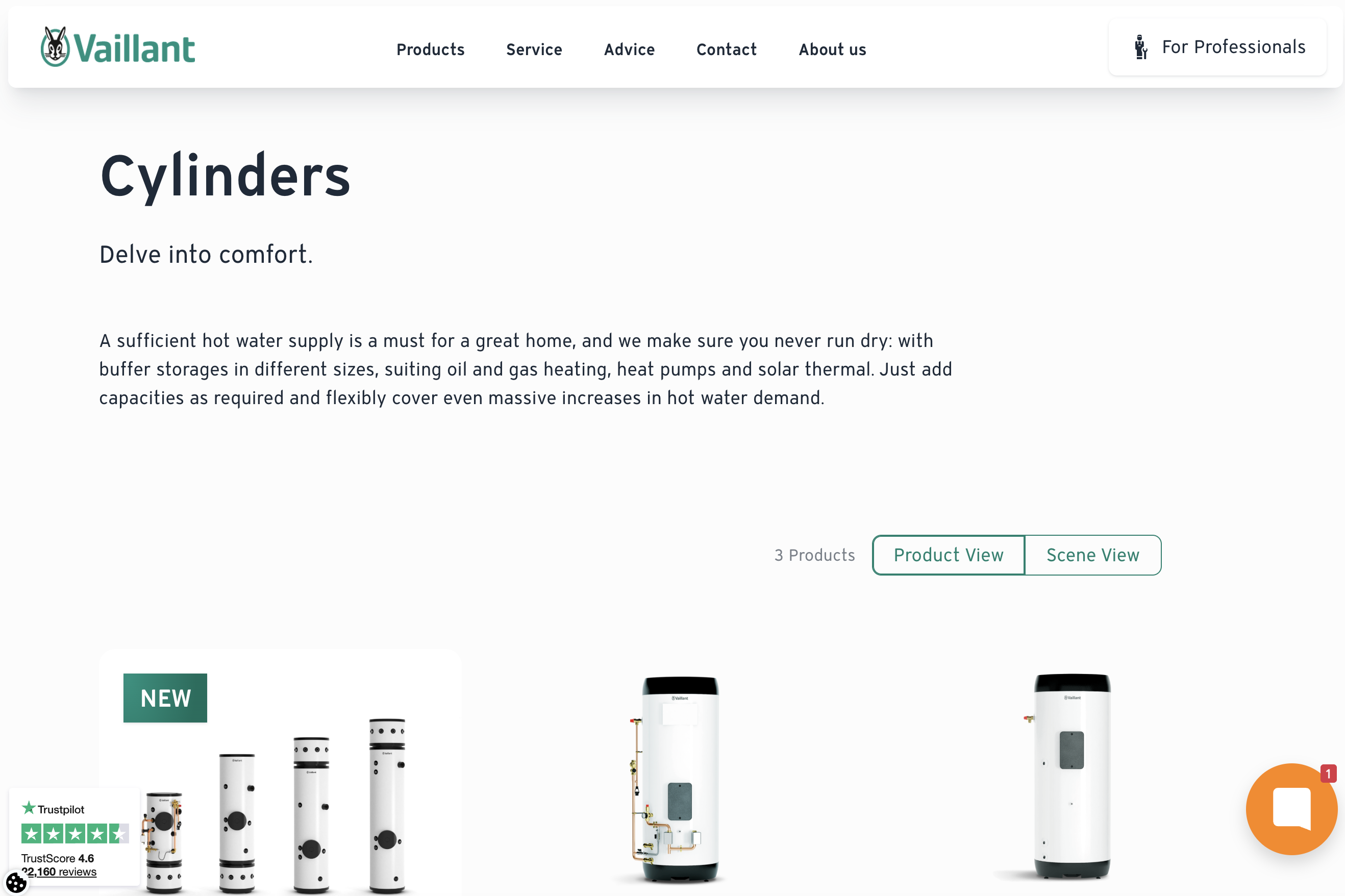 Vaillant cylinders page showing uniSTOR range - click to visit official website