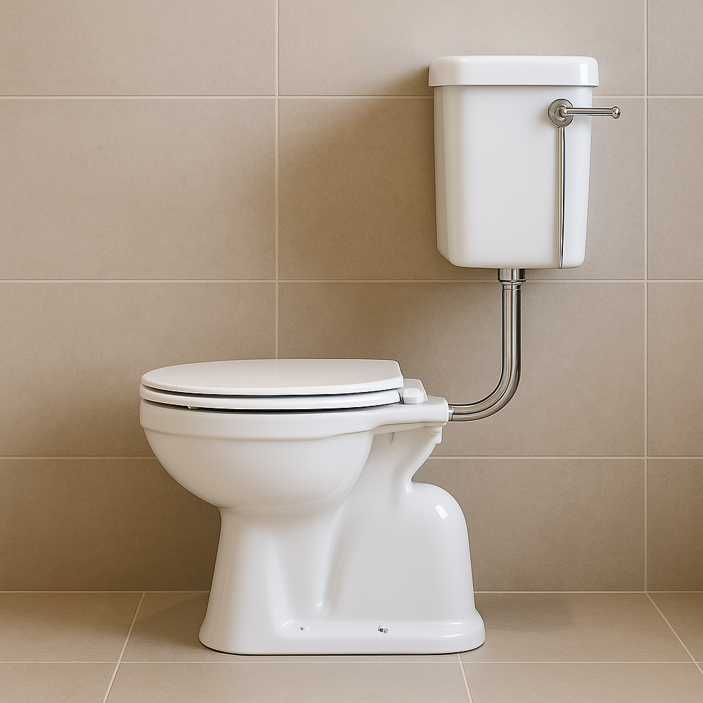 Low level cistern with chrome connector pipe and soft close seat - premium finish