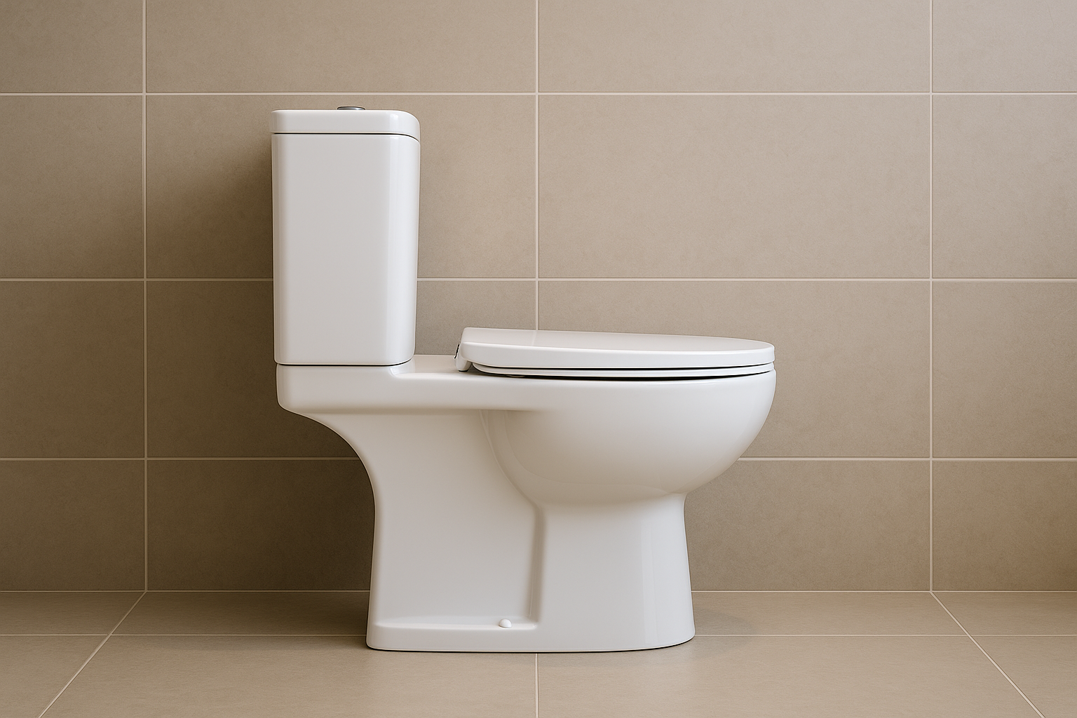 Modern close coupled toilet in beige bathroom - beautiful but incompatible with floor waste