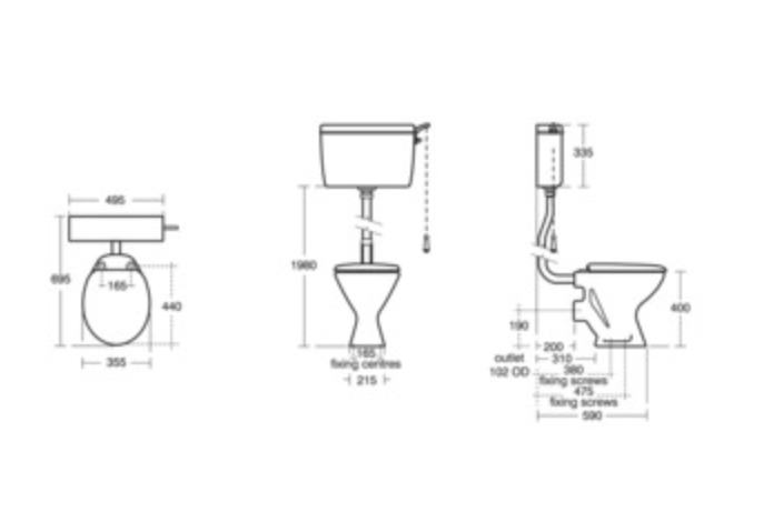 Technical schematic showing wall waste connection - soil pipe goes HORIZONTALLY through wall