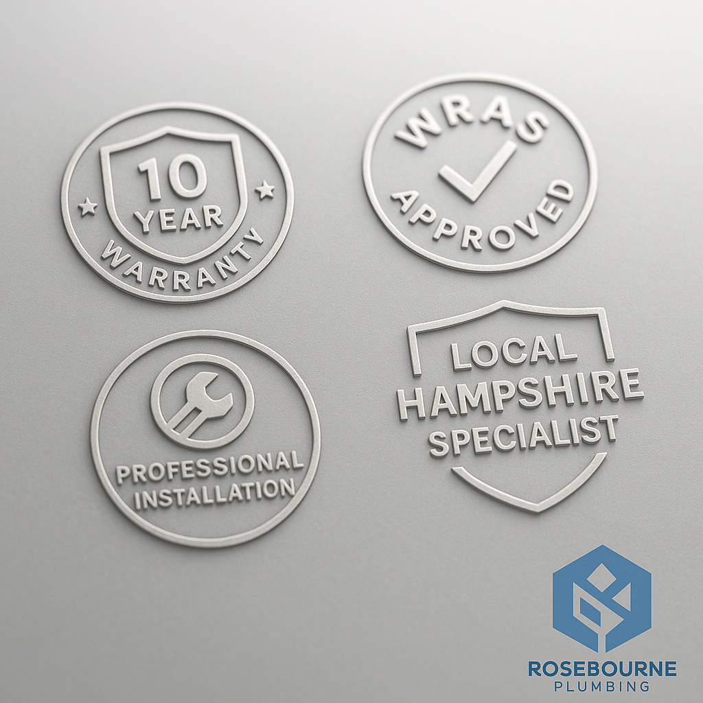 Warranty and trust badges - WRAS approved, 10-year warranty, professional installation