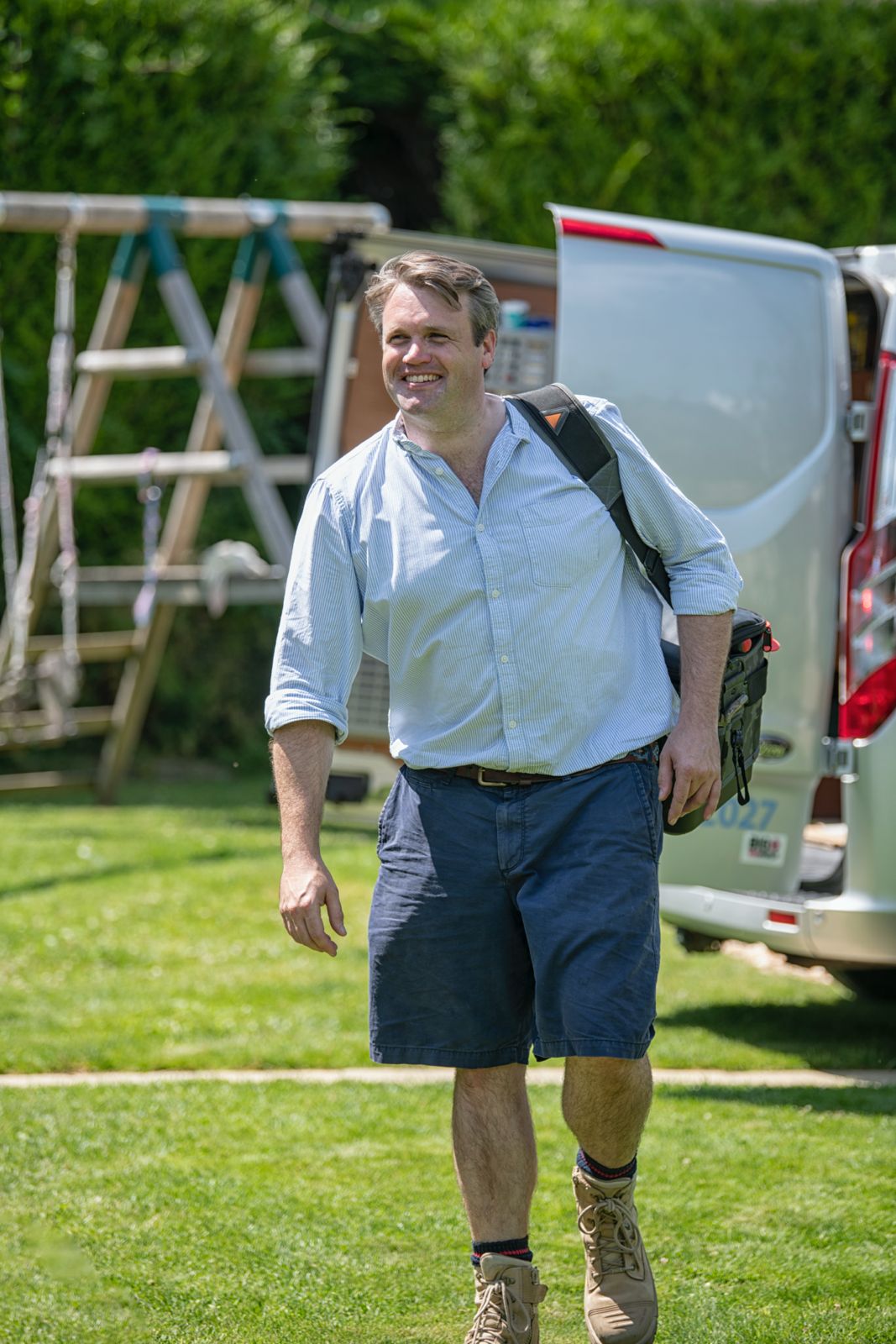 Will Gaze arriving at job with professional tool bag - certified plumber Hampshire